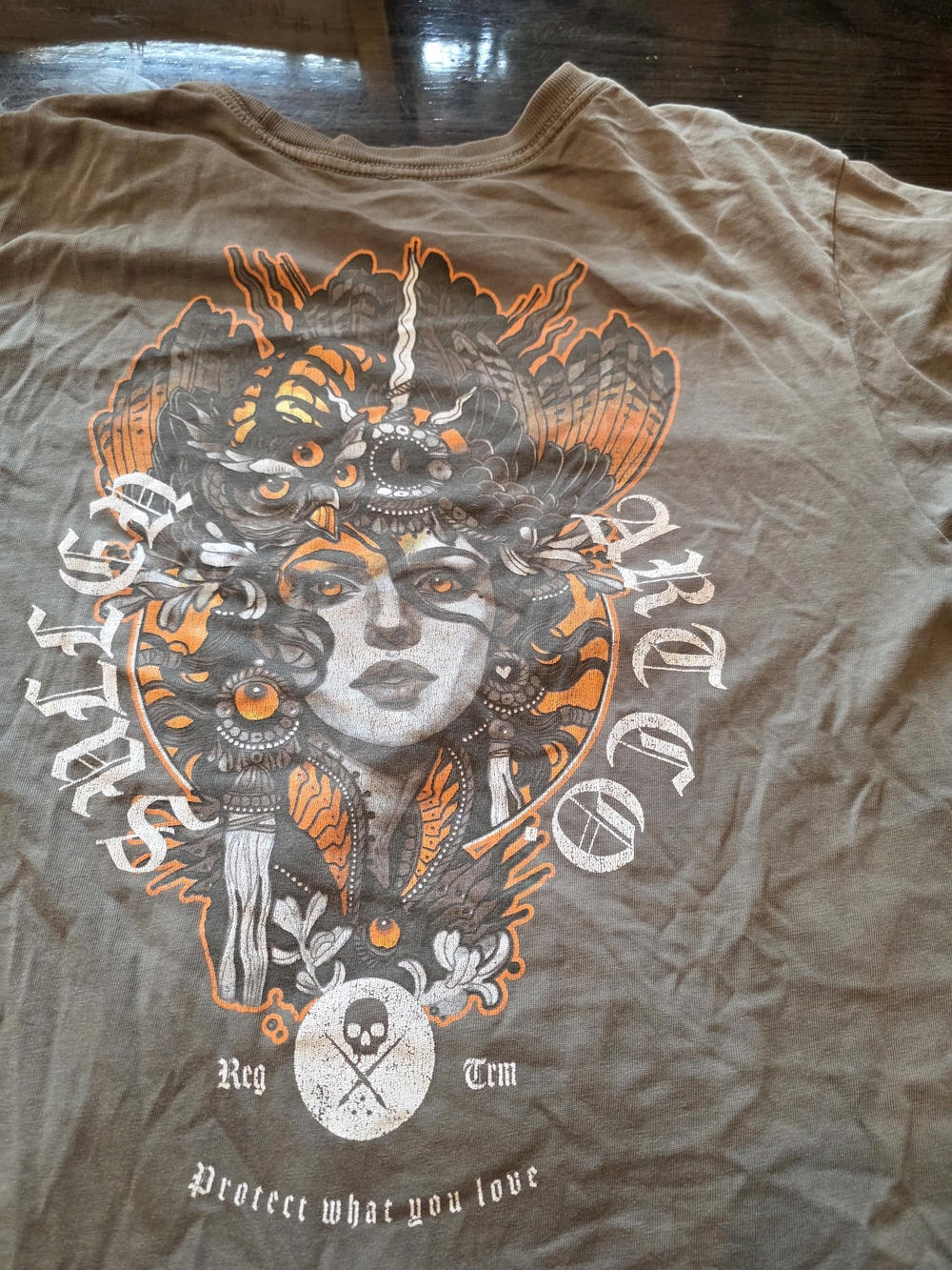 Graphic Short Sleeve Tee in Olive with Orange Accents